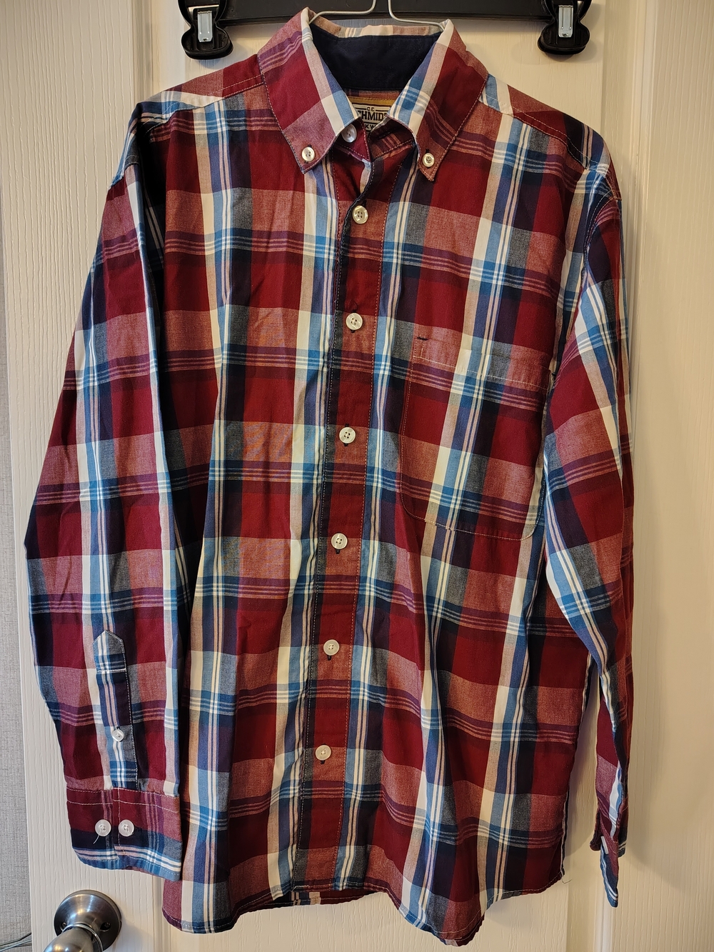Men's Burgundy Plaid Button-Down Shirt - Casual Long Sleeve